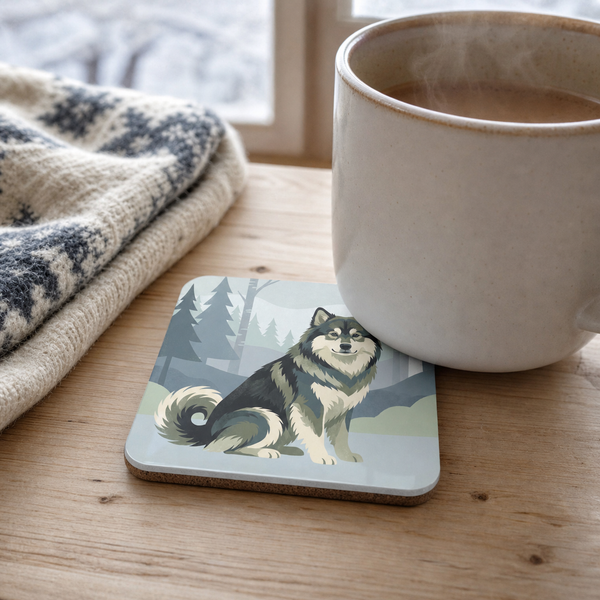 Finnish Lapphund Nordic Forest Illustration Cork-Back Coaster Finnish Lapphund cork-back coaster in use on a table