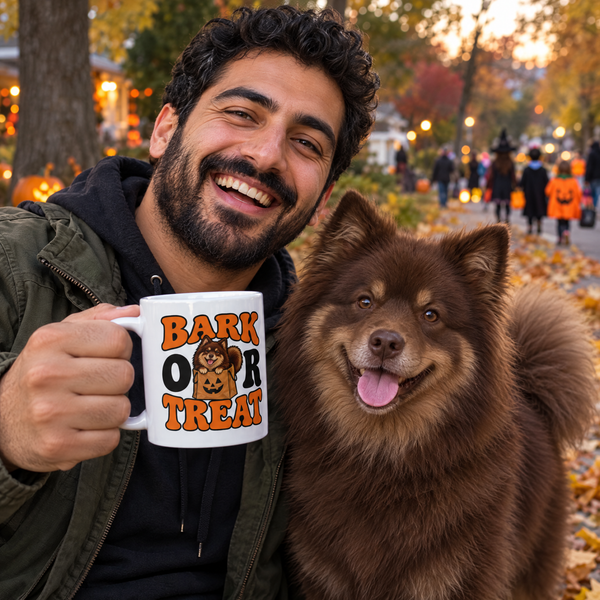 Finnish Lapphund Bark or Treat Halloween Mug Finnish Lapphund mug in use, lifestyle photo