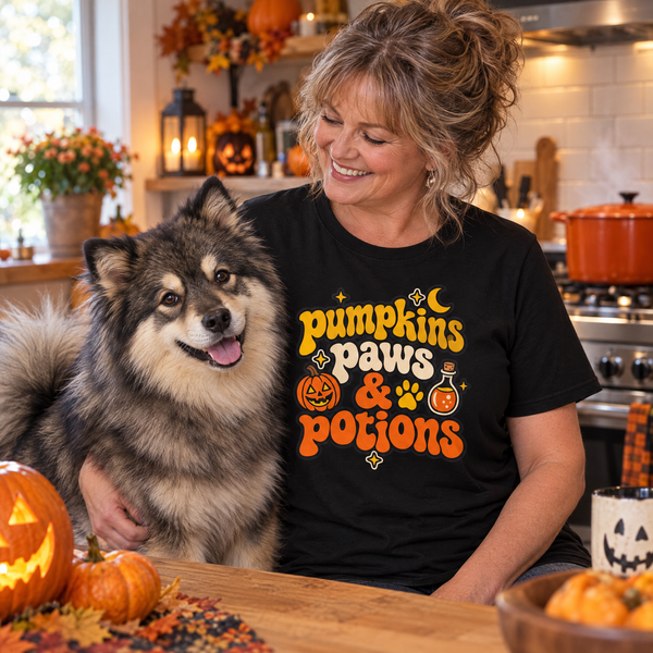 Finnish Lapphund Pumpkins, Paws & Potions Halloween T-Shirt Finnish Lapphund t-shirt worn, lifestyle photo