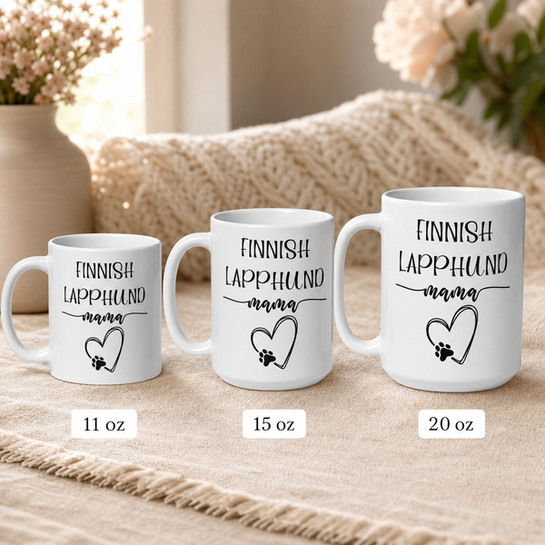 Finnish Lapphund Mug Lappie Mama Heart Nordic Pet Gift Finnish Lapphund mug size lineup, 11oz 15oz and 20oz