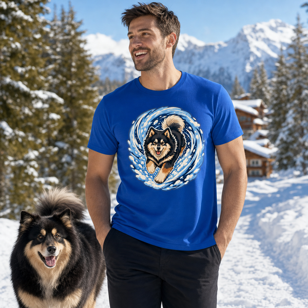 Finnish Lapphund Snow Zoomies Vortex T-Shirt Finnish Lapphund t-shirt worn, lifestyle photo
