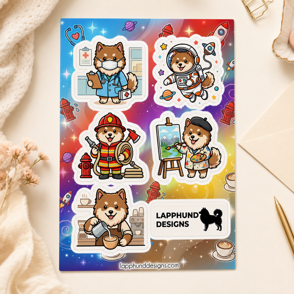 Finnish Lapphund Career Adventures Sticker Sheet – Doctor, Firefighter & Artist Finnish Lapphund sticker sheet