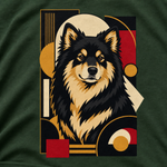 Finnish Lapphund Art Deco Portrait T-Shirt design close-up on a Finnish Lapphund t-shirt