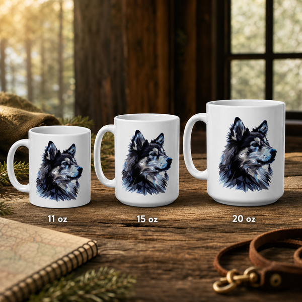 Finnish Lapphund Mug Wild Nordic Wolf Profile Dog Gift Finnish Lapphund mug size lineup, 11oz 15oz and 20oz