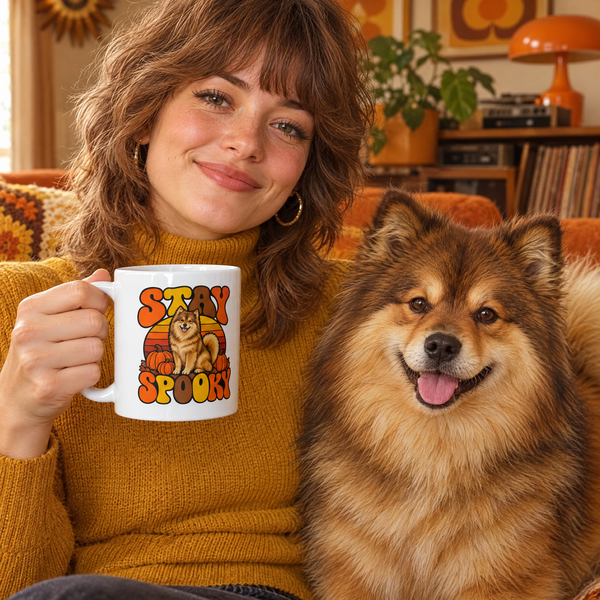Finnish Lapphund Stay Spooky Halloween Mug Finnish Lapphund mug in use, lifestyle photo
