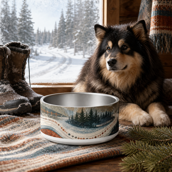 Reindeer Trail Heritage Finnish Lapphund 32oz dog bowl in a cozy home setting