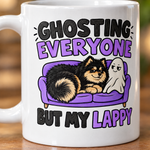 Printed design close-up on the Finnish Lapphund Ghosting Everyone But My Lappy Halloween Mug Finnish Lapphund mug