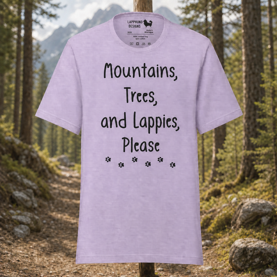 Mountains, Trees, and Lappies Please T-Shirt – Perfect for Lapphund Lovers & Nature Enthusiasts Finnish Lapphund t-shirt