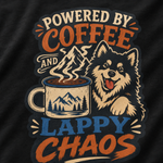 Finnish Lapphund Powered By Coffee And Lappy Chaos T-Shirt design close-up on a Finnish Lapphund t-shirt