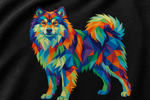Finnish Lapphund Mosaic Prismatic Geometric Peak T-Shirt design close-up on a Finnish Lapphund t-shirt