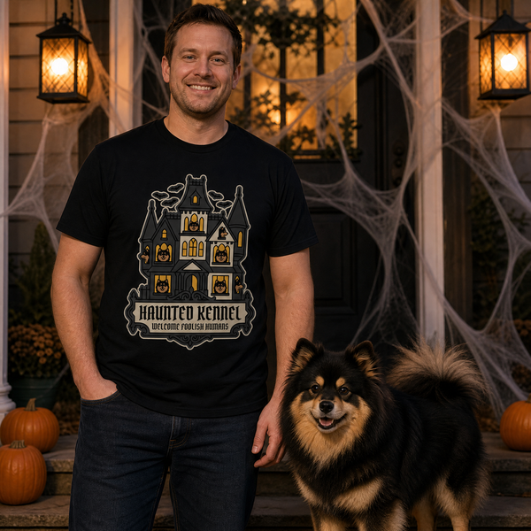 Finnish Lapphund Haunted Kennel Halloween T-Shirt Finnish Lapphund t-shirt worn, lifestyle photo