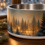 Cabin Window Glow design detail on a Finnish Lapphund 32oz dog bowl
