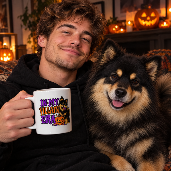 Finnish Lapphund In My Villain Era Halloween Mug Finnish Lapphund mug in use, lifestyle photo