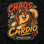 Finnish Lapphund Chaos Is My Cardio T-Shirt design close-up on a Finnish Lapphund t-shirt