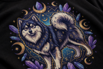 Finnish Lapphund Celestial Moon & Crystal Magic T-Shirt design close-up on a Finnish Lapphund t-shirt