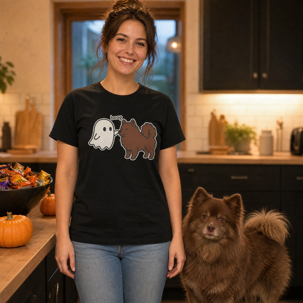 Finnish Lapphund Ghost Boop Halloween T-Shirt Finnish Lapphund t-shirt worn, lifestyle photo