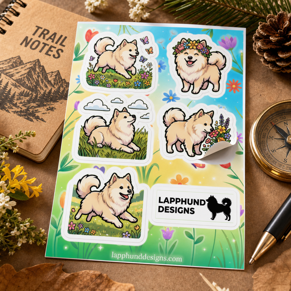 Individual peel detail of the Finnish Lapphund Spring Meadows Sticker Sheet – Flowers, Sunshine & Playful Joy Finnish Lapphund sticker sheet