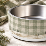 Sage Gingham Snowfield design detail on a Finnish Lapphund 32oz dog bowl
