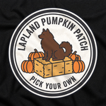 Finnish Lapphund Lapland Pumpkin Patch Halloween T-Shirt design close-up on a Finnish Lapphund t-shirt