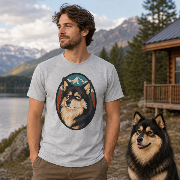 Finnish Lapphund Mountain Portrait T-Shirt Finnish Lapphund t-shirt worn, lifestyle photo