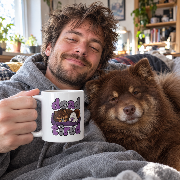 Finnish Lapphund Dead Tired Halloween Mug Finnish Lapphund mug in use, lifestyle photo