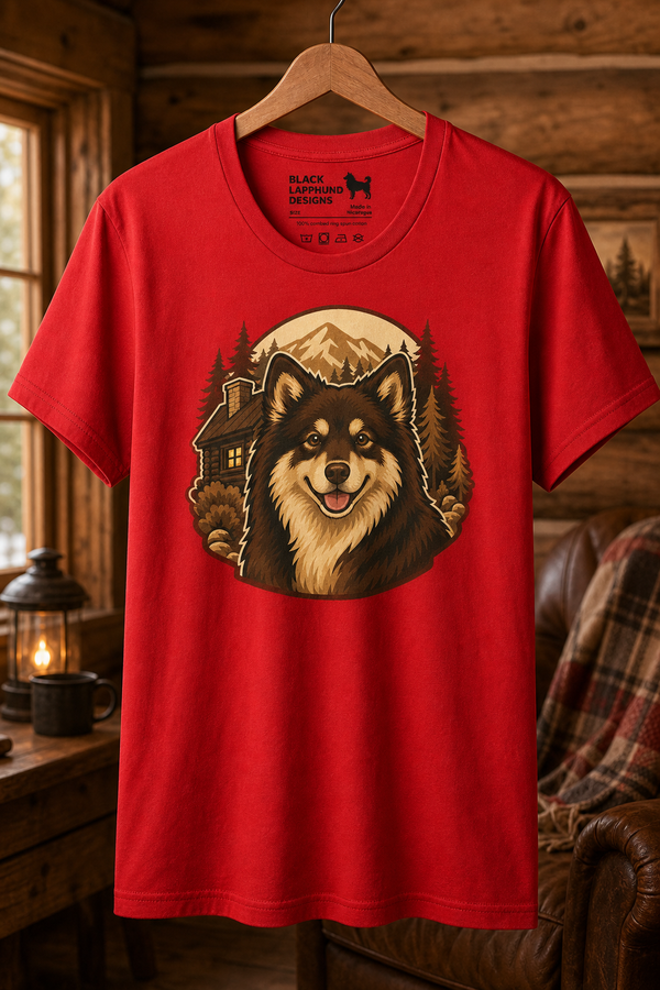 Finnish Lapphund Cabin Country Portrait T-Shirt Finnish Lapphund t-shirt