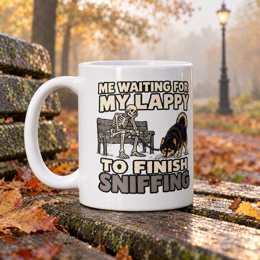 Finnish Lapphund Waiting for My Lappy to Finish Sniffing Halloween Mug Finnish Lapphund ceramic mug
