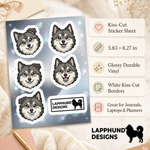 Specs and details for the Finnish Lapphund Gentle Smiles Sticker Sheet – Soft Puppy Faces & Sweet Everyday Expressions Finnish Lapphund sticker sheet