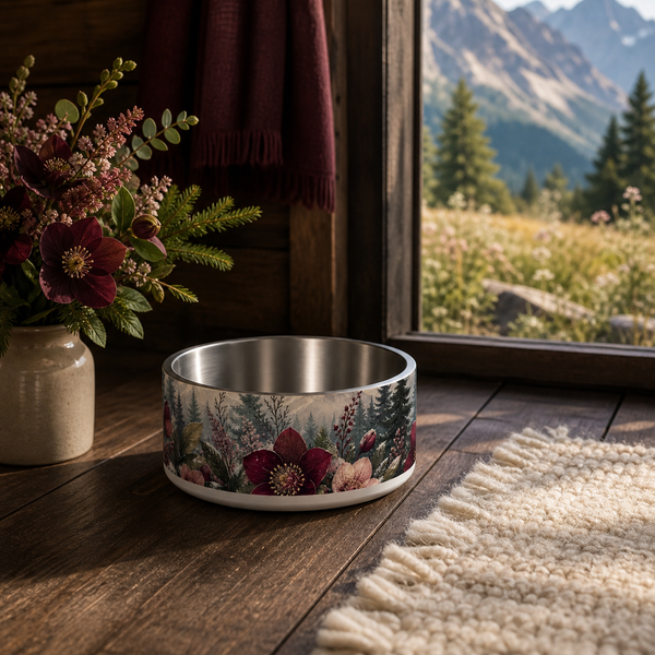 Burgundy Alpine Bloom Finnish Lapphund 32oz dog bowl in a cozy home setting