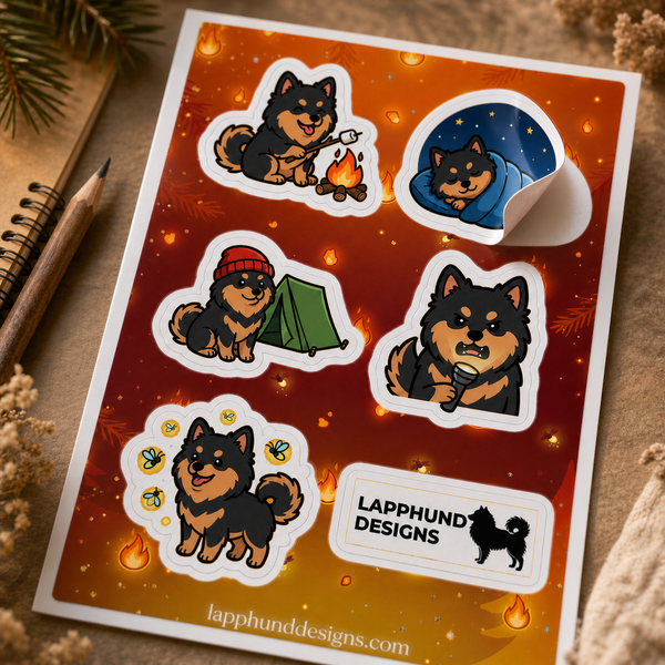 Finnish Lapphund Camping Nights Sticker Sheet – Campfire, Tent & Cozy Outdoor Scenes Finnish Lapphund t-shirt worn, lifestyle photo