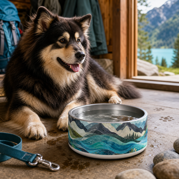 Blue Pool Adventure Finnish Lapphund 32oz dog bowl in a cozy home setting