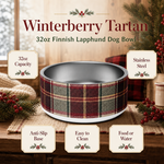 Winterberry Tartan Finnish Lapphund 32oz dog bowl features and specs