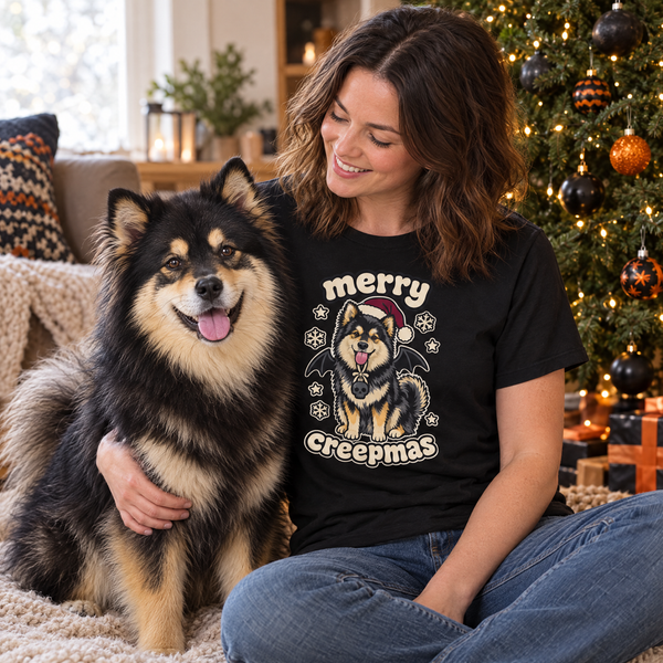 Finnish Lapphund Merry Creepmas T-Shirt Finnish Lapphund t-shirt worn, lifestyle photo