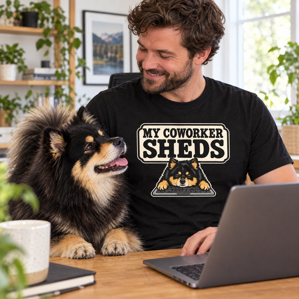 Finnish Lapphund My Coworker Sheds T-Shirt Finnish Lapphund t-shirt worn, lifestyle photo