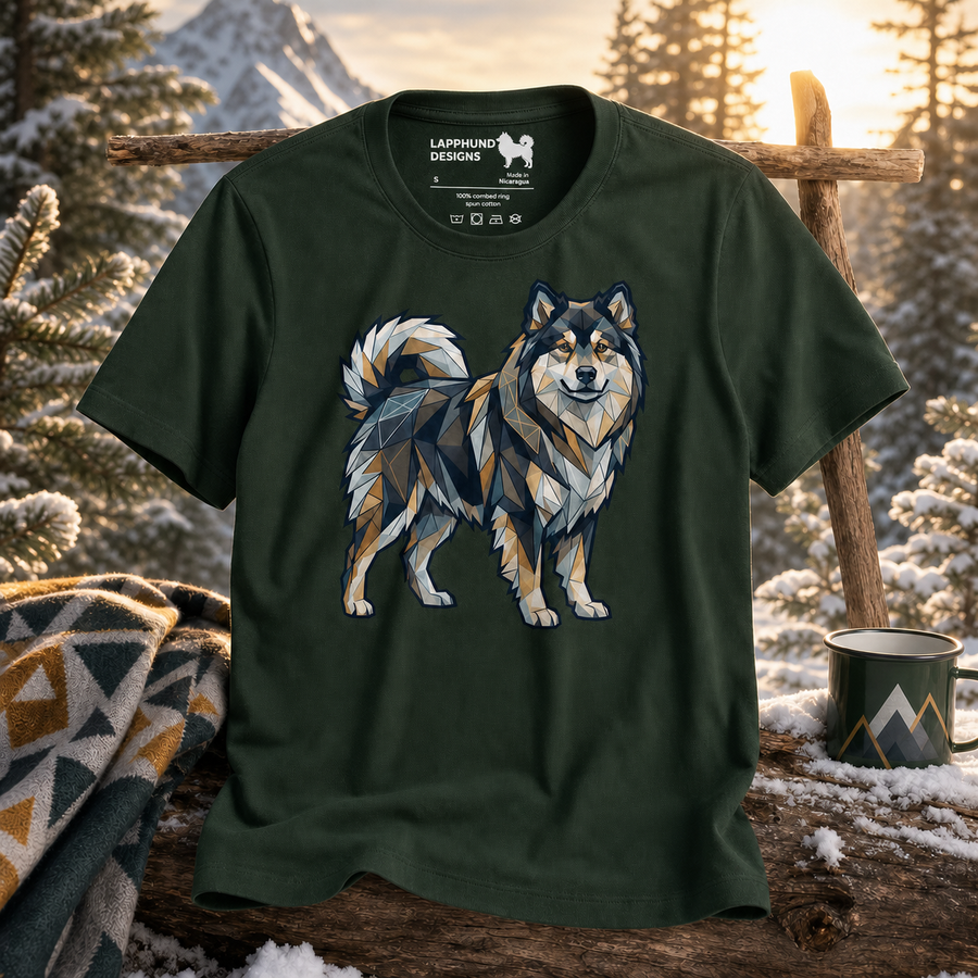 Finnish Lapphund Geometric Mosaic Mountain Adventure T-Shirt Finnish Lapphund t-shirt