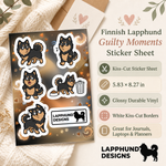 Specs and details for the Finnish Lapphund Guilty Moments Sticker Sheet – Oops Faces, Side-Eyes & Caught-in-the-Act Finnish Lapphund sticker sheet