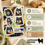 Specs and details for the Finnish Lapphund Foodie Fun Sticker Sheet – Snacks, Smiles & Satisfied Expressions Finnish Lapphund sticker sheet