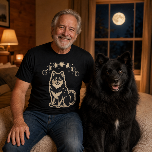 Finnish Lapphund Moon Phases Halloween T-Shirt Finnish Lapphund t-shirt worn, lifestyle photo