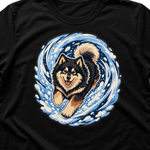 Finnish Lapphund Snow Zoomies Vortex T-Shirt design close-up on a Finnish Lapphund t-shirt