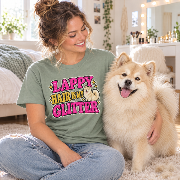Finnish Lapphund Lappy Hair Is My Glitter T-Shirt Finnish Lapphund t-shirt worn, lifestyle photo