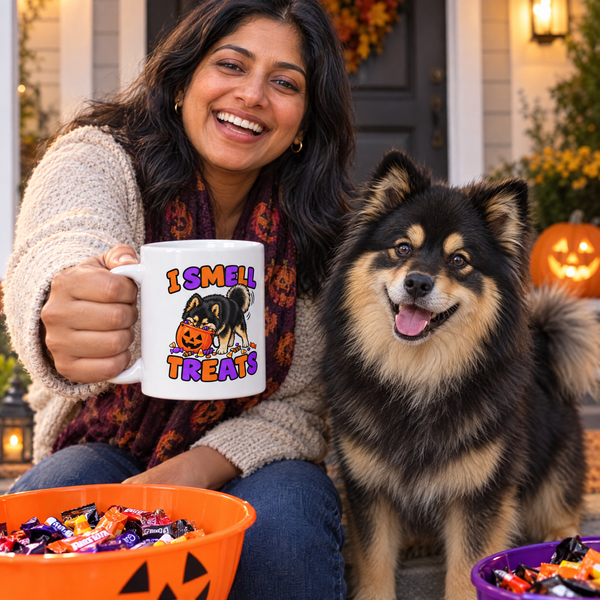 Finnish Lapphund I Smell Treats Halloween Mug Finnish Lapphund mug in use, lifestyle photo