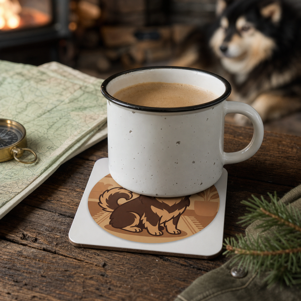 Finnish Lapphund Cozy Home Portrait Cork-Back Coaster Finnish Lapphund cork-back coaster in use on a table