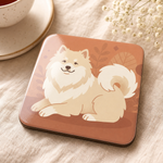 Glossy print detail on the Finnish Lapphund Cream Cozy Illustration Cork-Back Coaster Finnish Lapphund coaster