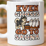 Printed design close-up on the Finnish Lapphund Even Ghosts Go to Sauna Halloween Mug Finnish Lapphund mug