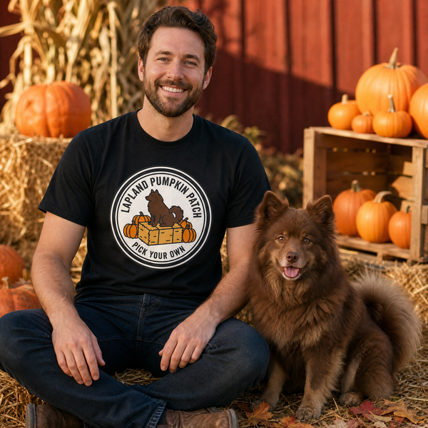 Finnish Lapphund Lapland Pumpkin Patch Halloween T-Shirt Finnish Lapphund t-shirt worn, lifestyle photo