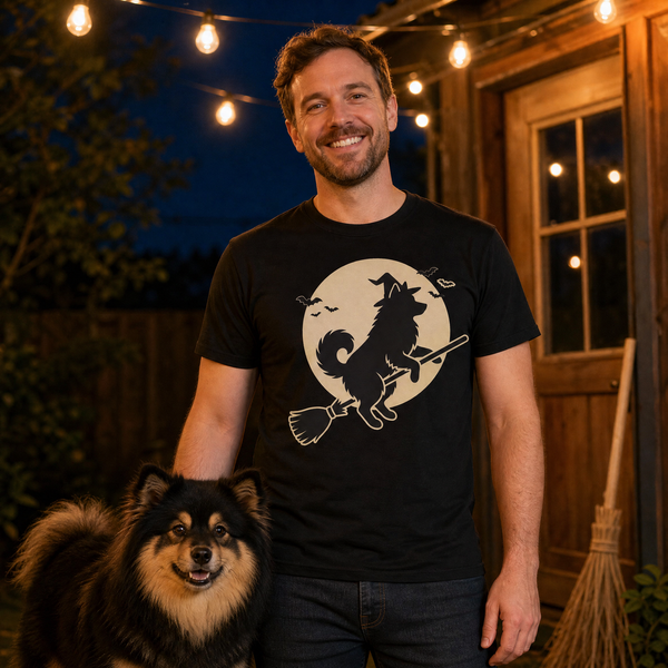 Finnish Lapphund Broomstick Moon Halloween T-Shirt Finnish Lapphund t-shirt worn, lifestyle photo