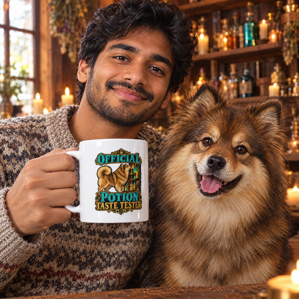 Finnish Lapphund Official Potion Taste Tester Halloween Mug Finnish Lapphund mug in use, lifestyle photo