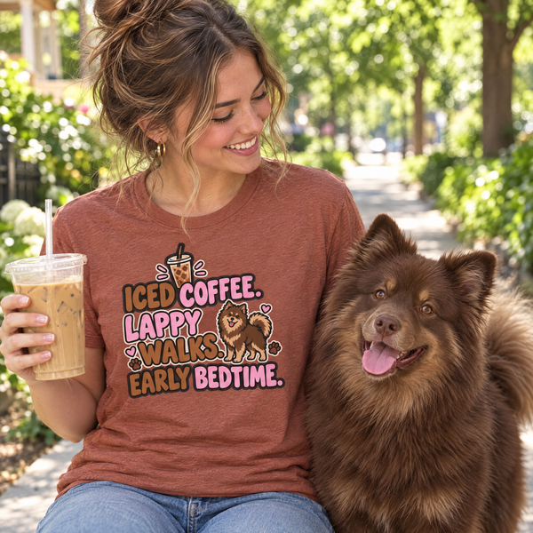 Finnish Lapphund Iced Coffee, Lappy Walks, Early Bedtime T-Shirt Finnish Lapphund t-shirt worn, lifestyle photo