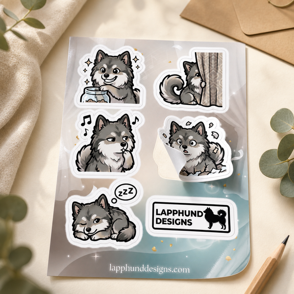 Finnish Lapphund Quiet Moments Sticker Sheet – Cozy Sounds, Gentle Play & Peaceful Indoor Life Finnish Lapphund t-shirt worn, lifestyle photo
