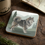 Glossy print detail on the Finnish Lapphund Nordic Forest Profile Illustration Cork-Back Coaster Finnish Lapphund coaster